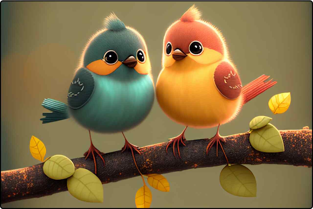 Cartoon illustration of two colorful birds perched on a branch.